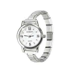 Elegant women's quartz watch with a modular steel strap and sparkling rhinestone dial markers.