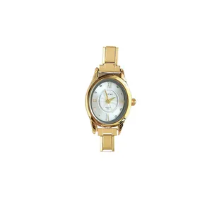 Elegant gold-tone oval quartz watch with modular DIY metal link bracelet details