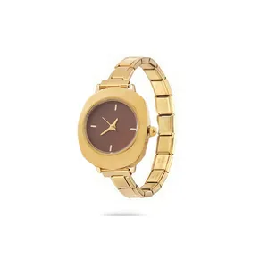 Detailed view of women's vintage modular link watch with brown dial in gold finish