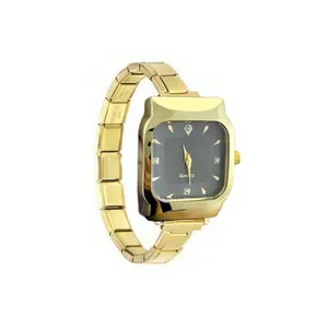 Detail view of the elegant gold square watch with stainless steel band