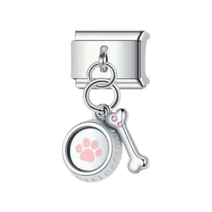 Close-up of stainless steel dog paw and bone pendant for modular charm bracelet