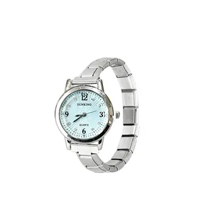 Elegant ladies' quartz watch with silver steel band and light blue rhinestone dial