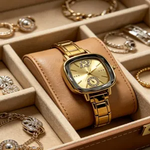 Elegant gold square quartz watch with diamond-studded dial in luxury jewelry box