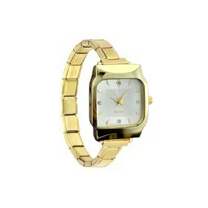 Elegant square quartz wristwatch for men and women with gold stainless steel linked band.