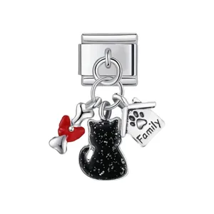 Detailed view of silver stainless steel Italian charm with cat and dog house dangles