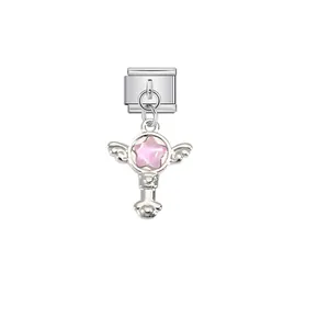 Stainless steel Italian charm link featuring a pink star wing wand dangle pendant