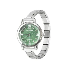 Elegant women's quartz watch with silver steel link band and green sunburst dial indices.