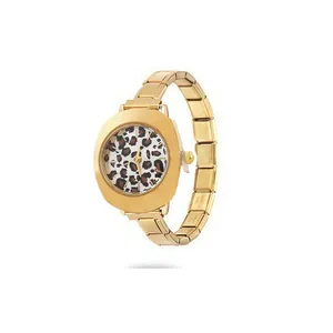 Detail view showing a gold modular link bracelet watch with a leopard print dial design