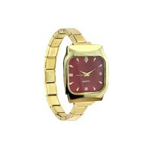 Elegant square gold watch with red dial and modular stainless steel expansion band
