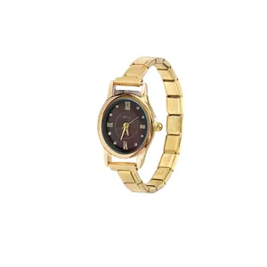 Detailed view of elegant golden oval quartz watch featuring modular DIY link bracelet band.