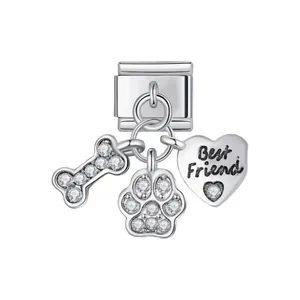 Silver stainless steel dog charm with bone, paw, and Best Friend heart pendant detail