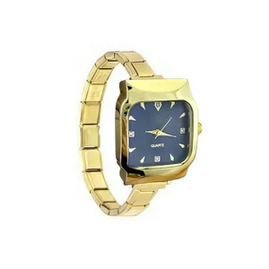 Detailed side view of a gold square quartz watch with a blue dial and modular strap