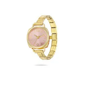 Elegant women's watch with gold-tone modular strap and soft pink sunray dial detail