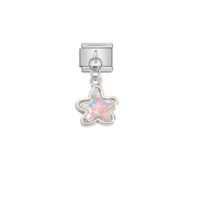 Detailed close-up view of a stainless steel Italian charm link featuring a pink iridescent star