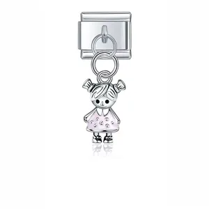 Detail view of a minimalist stainless steel modular charm with a cute girl pendant