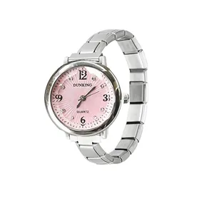Detail of elegant women's quartz watch with pink floral dial and silver steel band