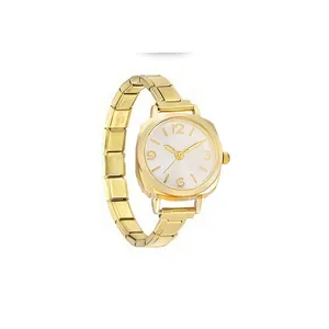 Close-up of a gold modular quartz watch with numeric dial and white background
