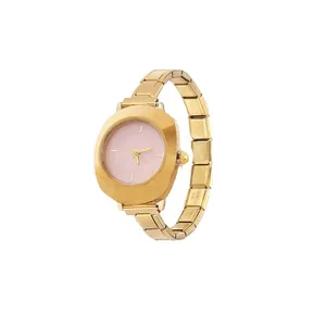 Elegant vintage style ladies modular link watch with a pink dial and golden finish