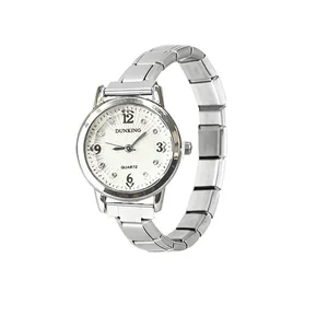 Elegant women's silver quartz watch with modular steel band and rhinestones