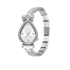 Reloj de cuarzo en forma de gota de plata con bisel de diamantes y correa modular