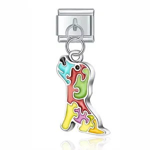 Detailed view of stainless steel dog puzzle charm for modular bracelets