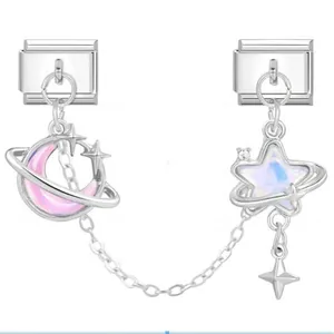 Elegant double modular charm with iridescent pink moon and star icons for DIY bracelets.