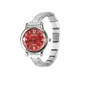 Side view of women's quartz watch with red dial and silver module steel band