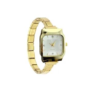 Luxury gold square quartz watch with premium stainless steel link bracelet for men and women