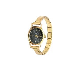Detailed side view of golden quartz watch with modular links and grey dial