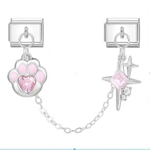 Modular Italian charm pendants with pink paw heart and star crystals on steel chain