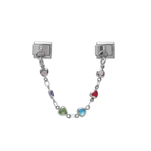 Macro view of Italian charm double dangle with colorful heart crystals for DIY bracelets