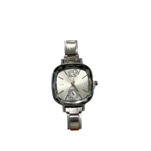 Elegant square silver stainless steel quartz watch with rhinestone accents and sub-dial