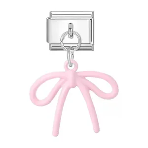 Pink bow pendant for DIY Italian charm bracelet, stainless steel jewelry accessory.
