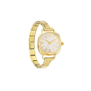 Elegant women's gold modular link bracelet quartz watch featuring a clean white dial