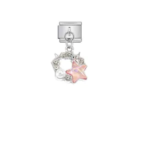 Detailed view of a pink marbled star charm on a silver modular stainless steel link.