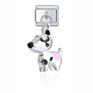 Detailed close-up of a silver stainless steel dalmatian dog charm with pink heart accent