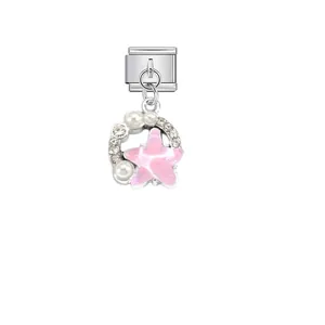 Pink star stainless steel modular charm link featuring pearl and rhinestone details