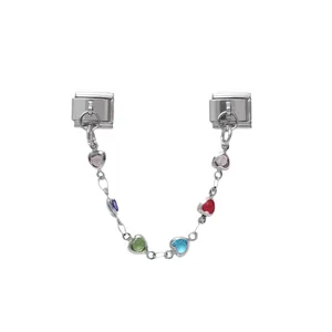 Stainless steel Italian charm safety chain with vibrant multi-color heart gemstones