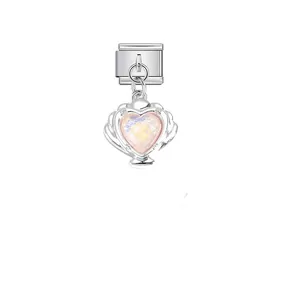 Detailed view of a silver stainless steel Italian charm with an iridescent pink heart shell