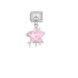 Detail view of a pink ocean star charm on a silver stainless steel modular link.