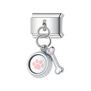 Stainless steel modular charm link featuring a dangling pink paw and bone pendant