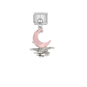 Close-up of a stainless steel modular charm link featuring a pink crescent moon and waves