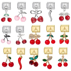 Stainless Steel Italian Charm Modular Link Cherry Strawberry Chili Pepper Pendant DIY Jewelry Findings Enamel Rhinestone Accessory