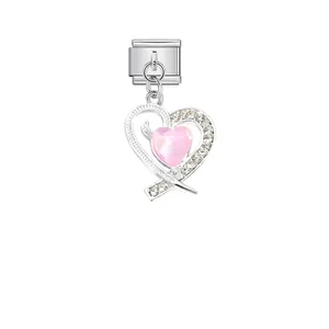 Detailed view of a pink heart crystal pendant on a silver stainless steel module