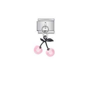 Detailed view of pink cherry pendant on stainless steel modular charm for DIY bracelets