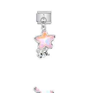 Close-up detail of a pink iridescent star charm for DIY stainless steel modular bracelets.