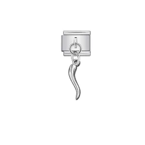 Close-up detail of a silver modular bracelet charm with a dangling Italian horn pendant