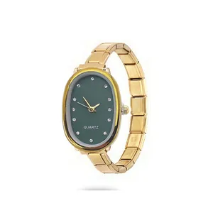 Elegante orologio al quarzo da donna con quadrante ovale verde e cinturino dorato
