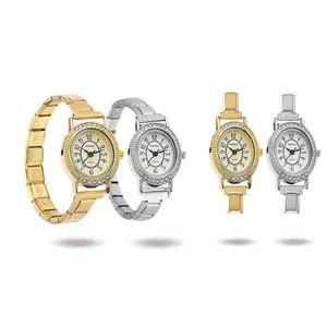 Vintage Women Quartz Watch With Rhinestone Small Oval Dial Modular DIY Adjustable Alloy Strap Wristwatch For Daily Gift