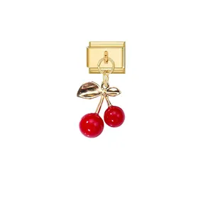 Detailed view of a gold-plated cherry charm modular link for DIY Italian charm bracelets